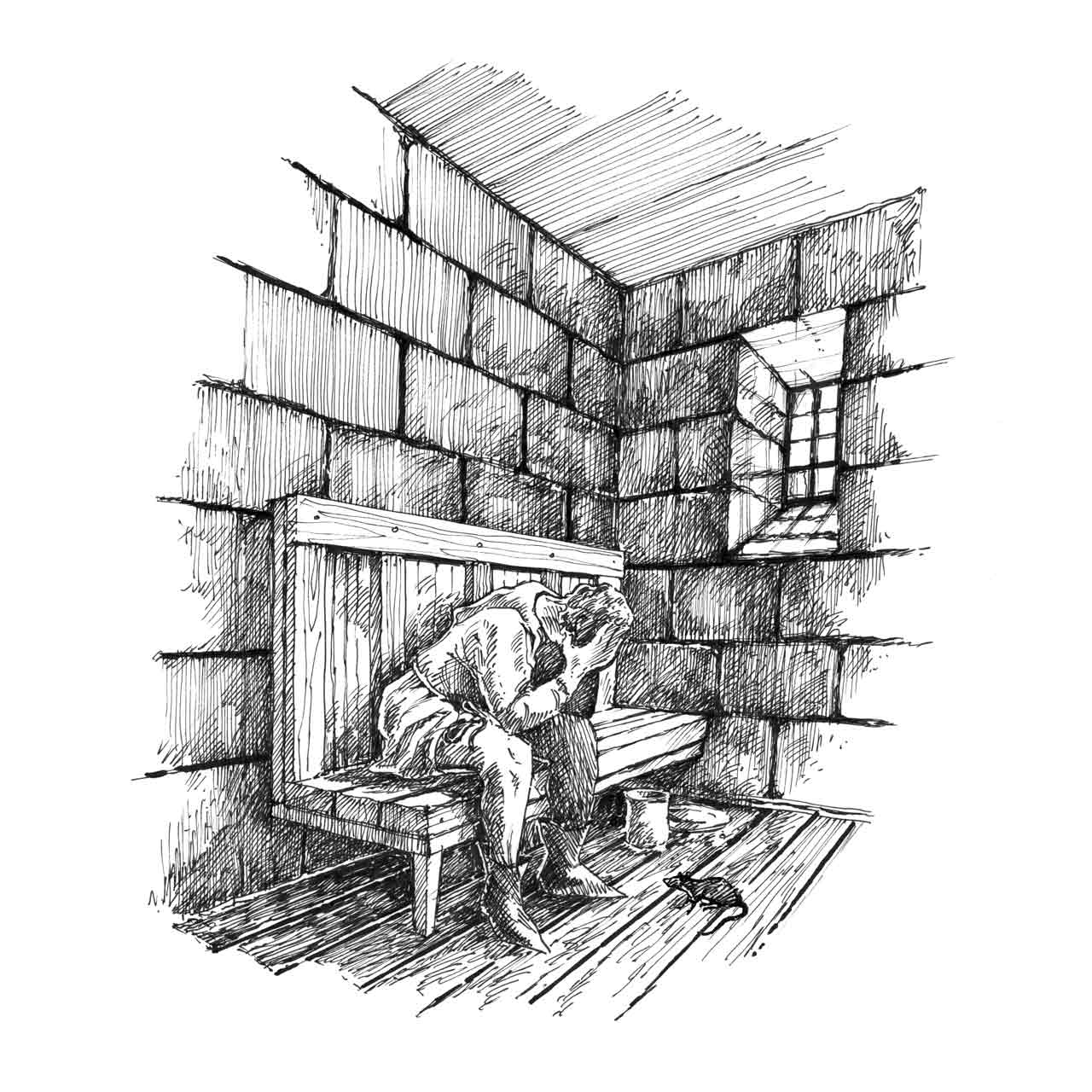illustration of Sir Richard Percy locked in debtors' cell